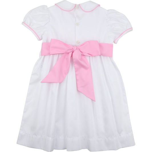 Pink And White Pique Smocked Rosebud Dress