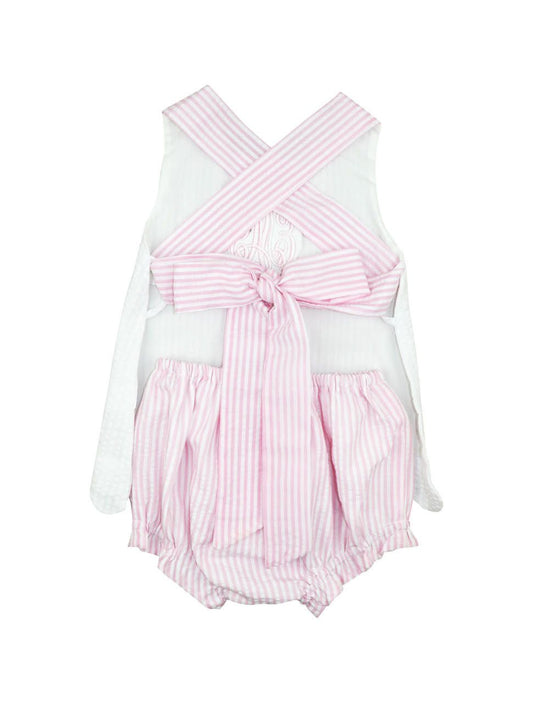 Pink And White Seersucker Scalloped Diaper Set