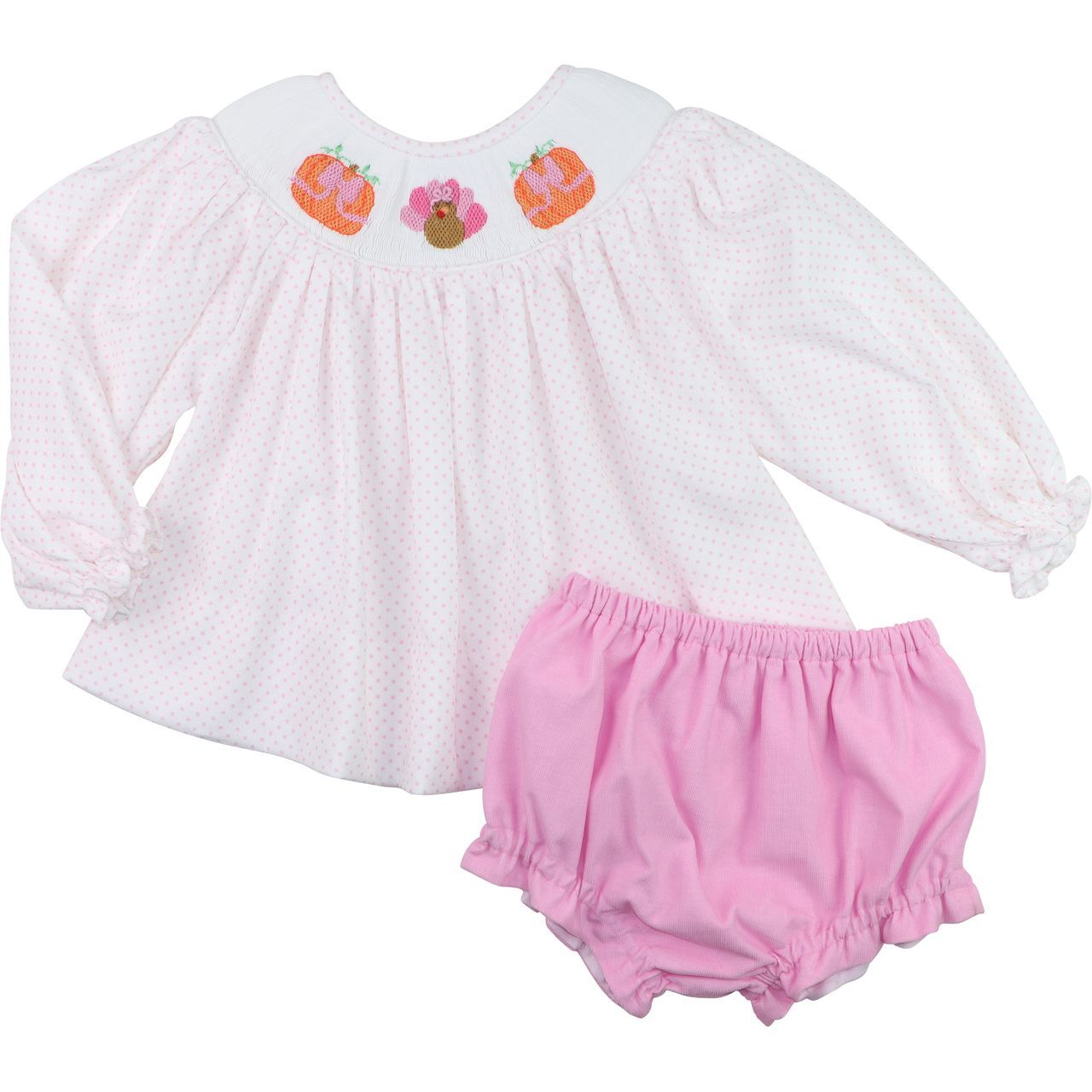 Pink Dot Corduroy Smocked Turkey And Pumpkin Diaper Set1