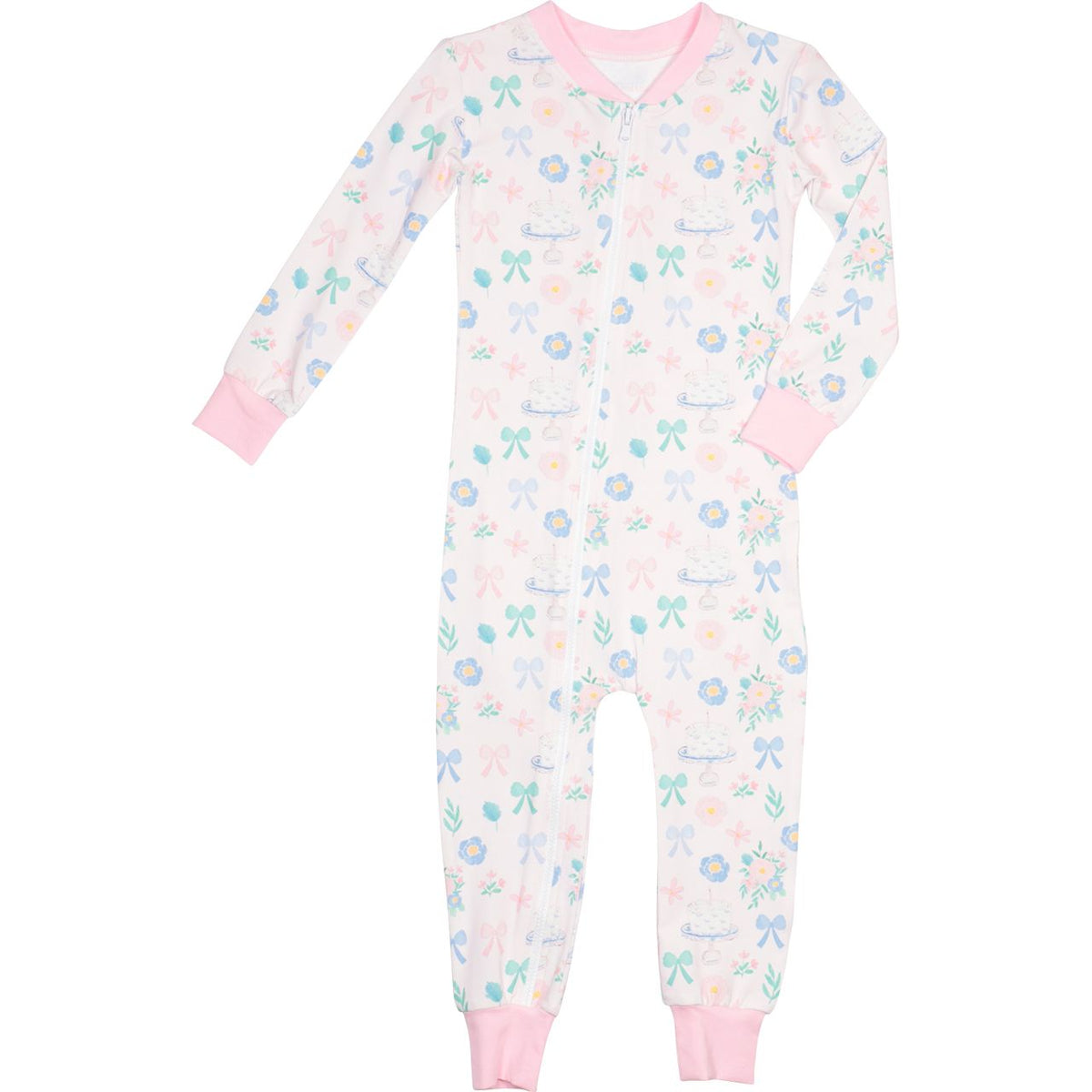 Pink Floral Birthday Print Knit Zipper Pajamas