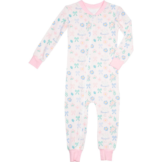 Pink Floral Birthday Print Knit Zipper Pajamas