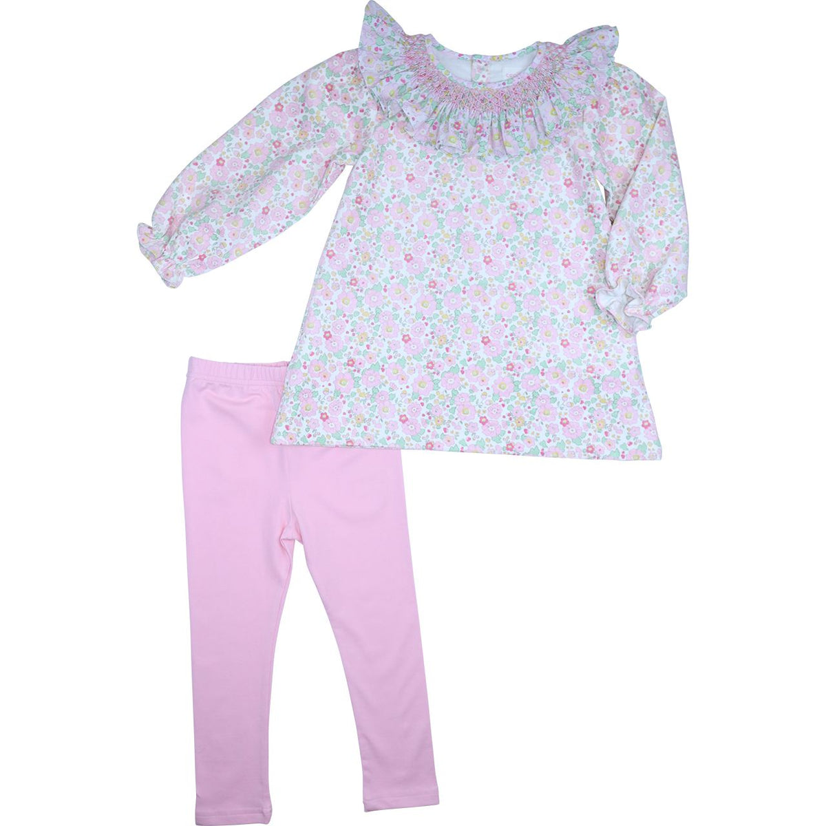 Pink floral smocked corduroy top with coordinating pink leggings