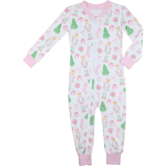 Pink Gingham Holiday Print Zipper Pajamas