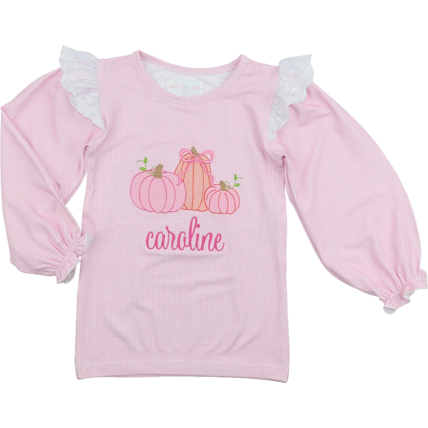 Pink Gingham Knit Embroidered Pumpkins Shirt