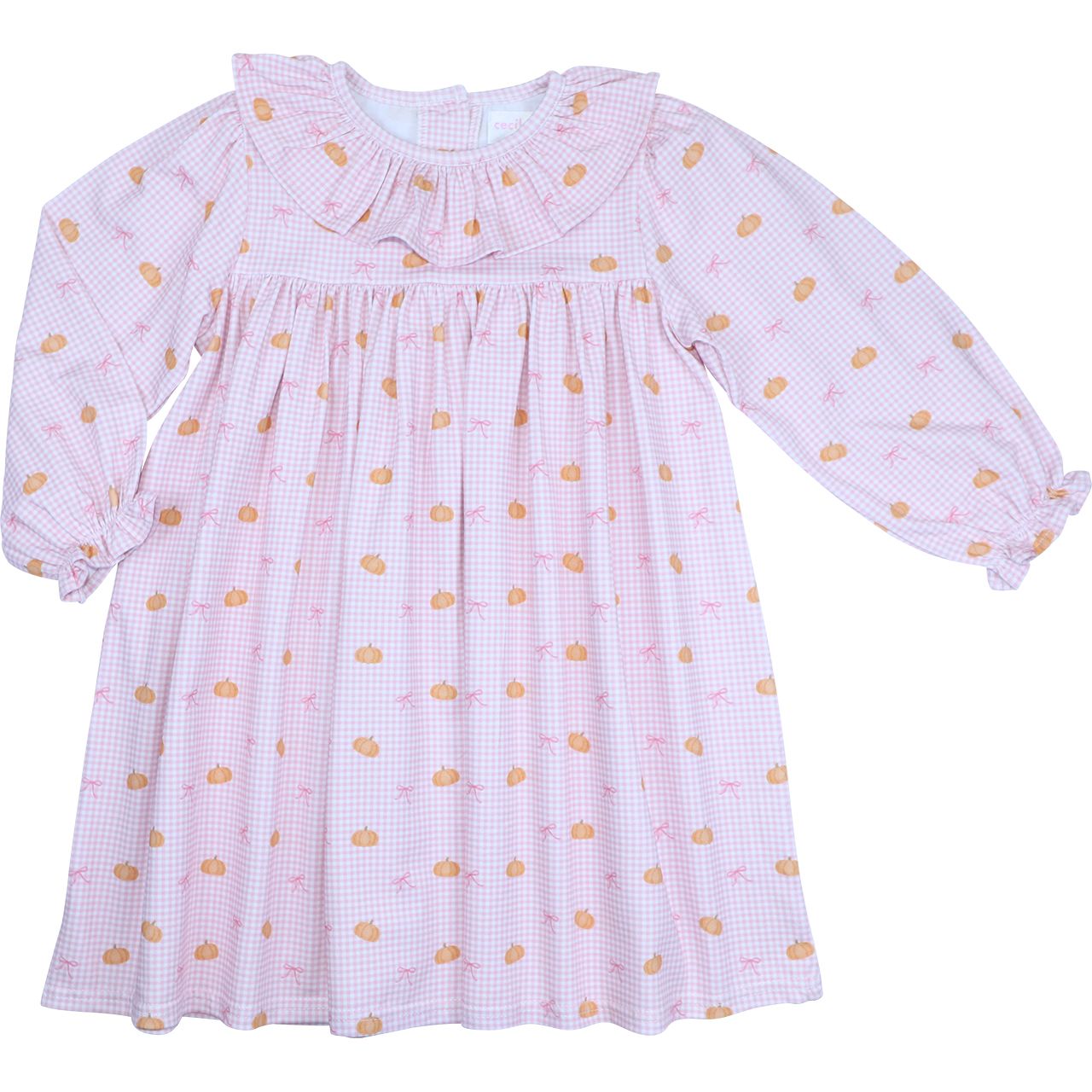 Pink Gingham Pumpkin And Bow Print Knit Dress