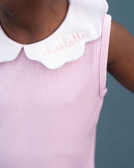 Pink Gingham Scalloped Collar Knit Tennis Dress