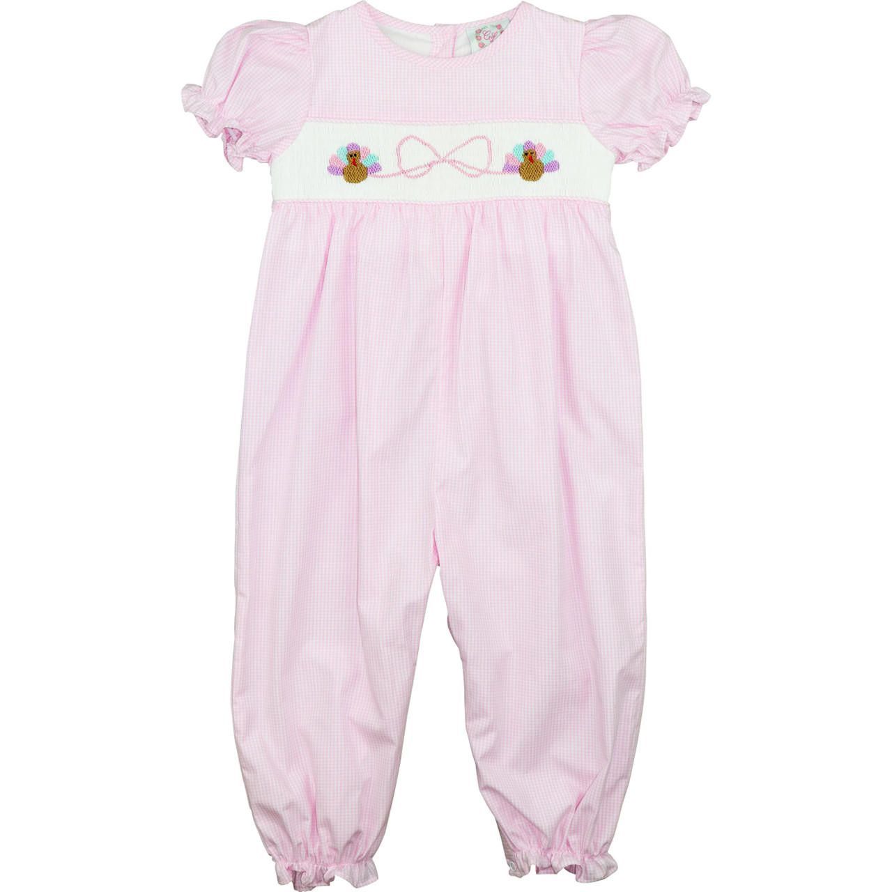 Pink Gingham Smocked Turkeys And Bow Long Bubble