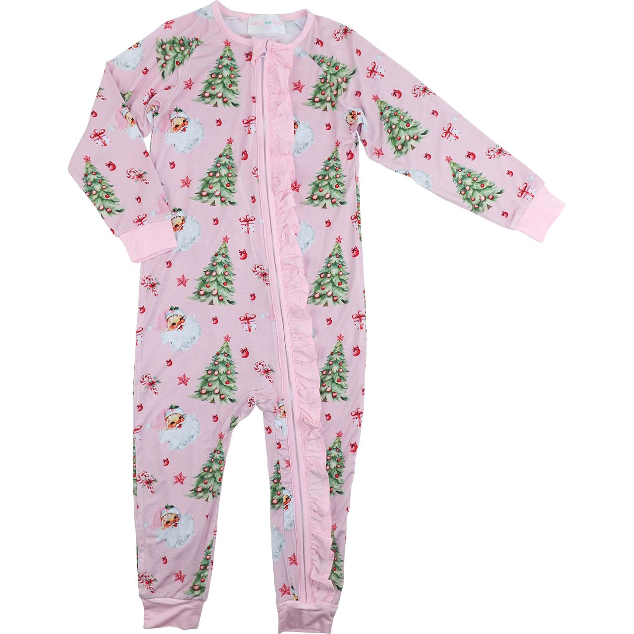 Pink Knit Bamboo Santa And Tree Zipper Pajamas