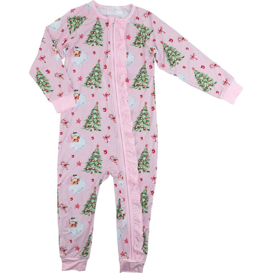 Pink Knit Bamboo Santa And Tree Zipper Pajamas