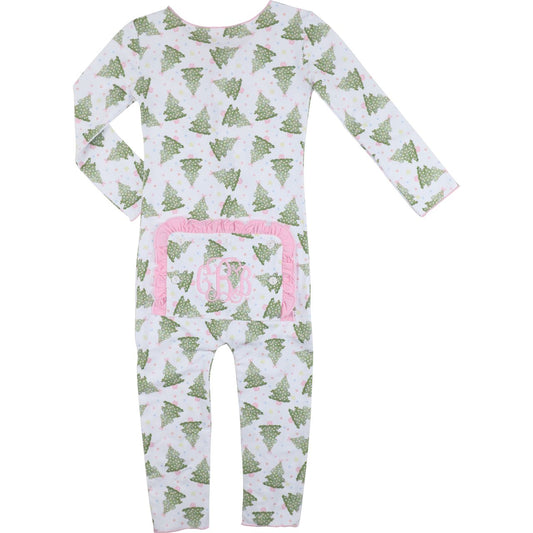 Pink Knit Christmas Tree Print Zipper Pajamas