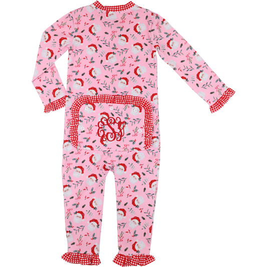 Pink Knit Santa And Holly Zipper Pajamas