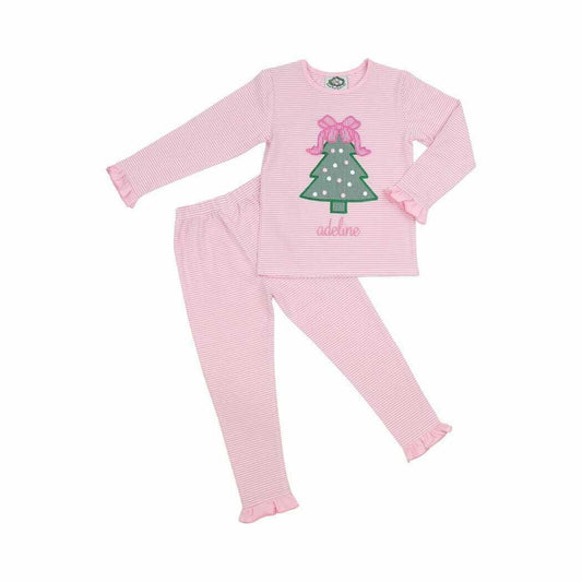 Pink Knit Stripe Applique Christmas Tree Pajamas