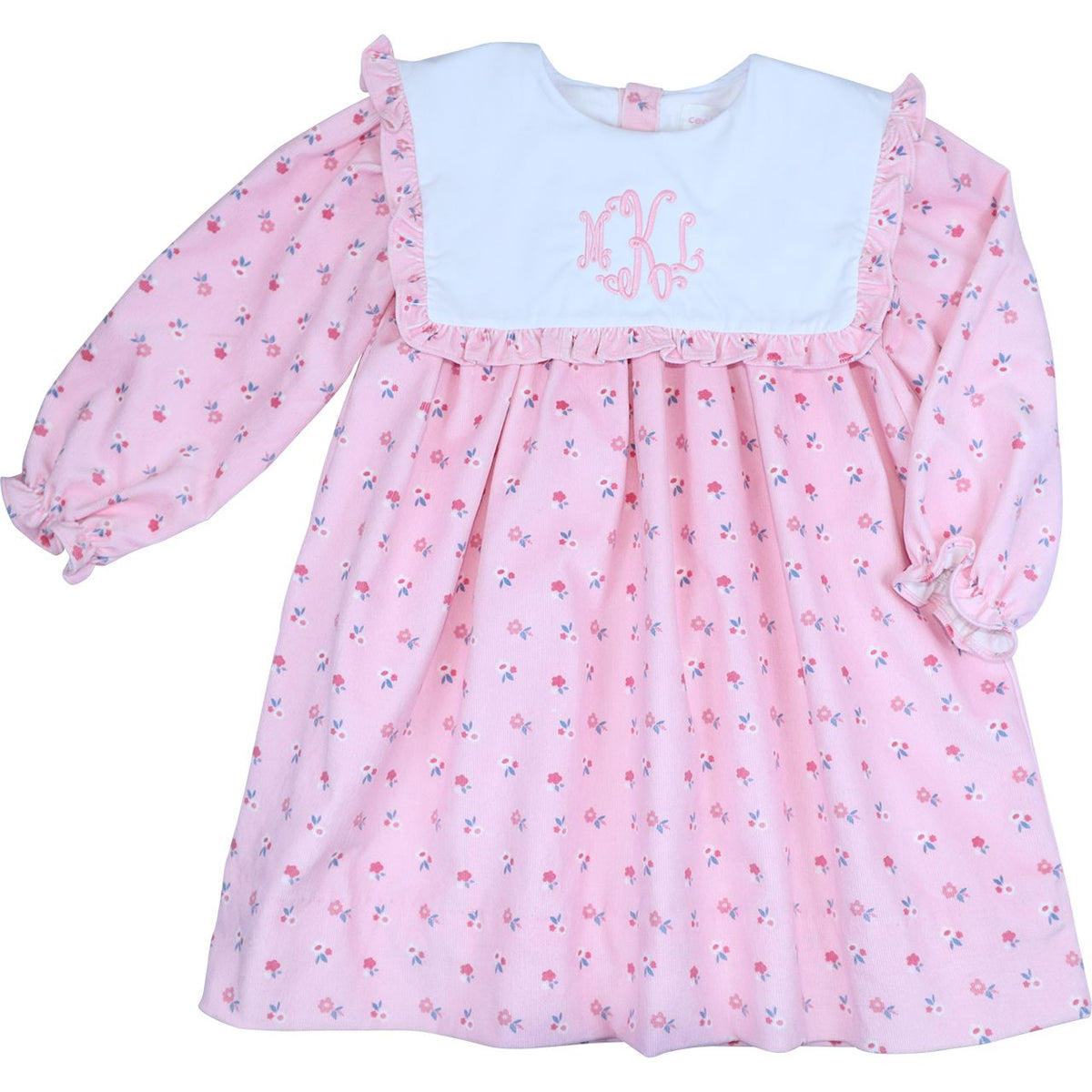 Pink floral corduroy dress with white bib, ruffle trim and monogram