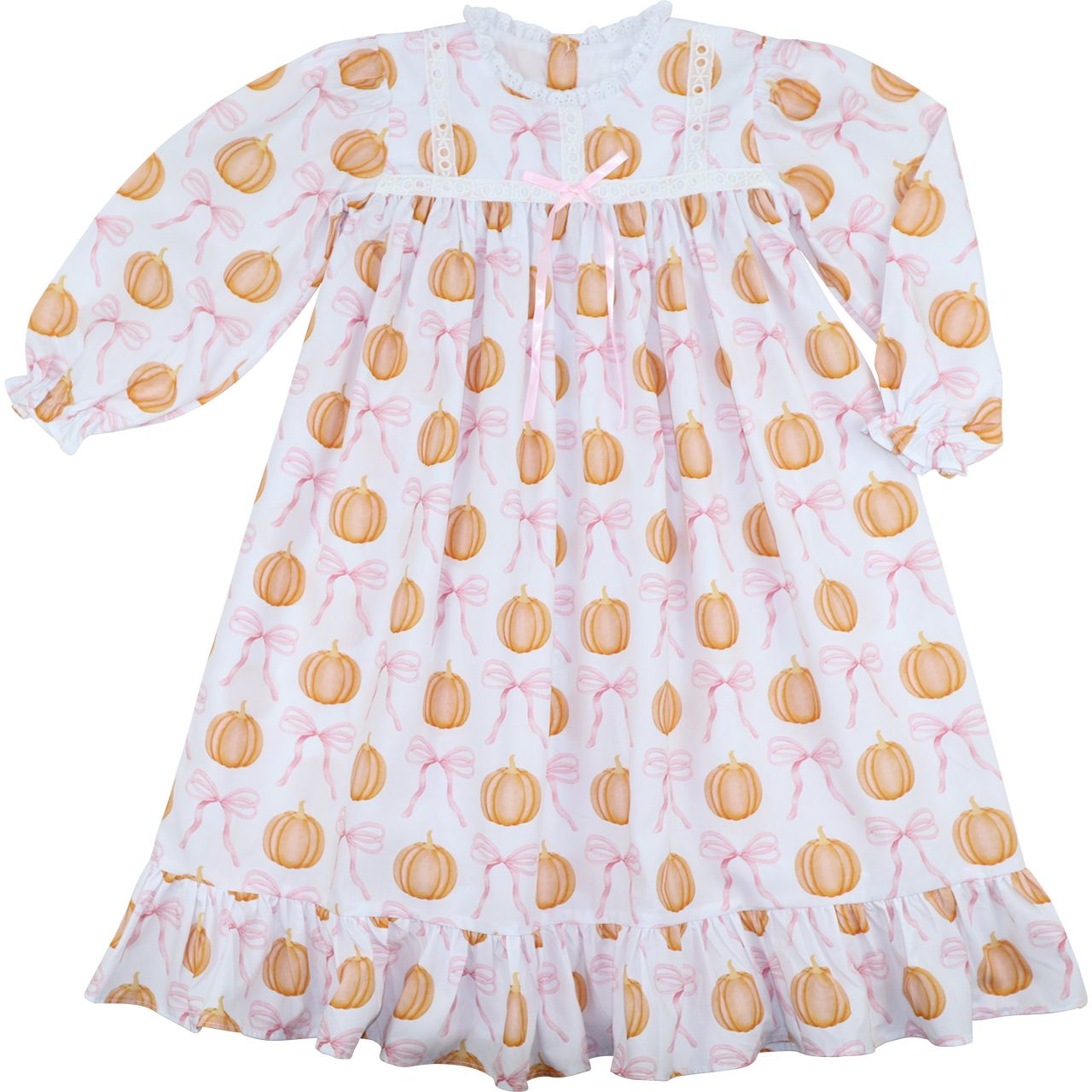 White dress with orange pumpkin pattern on a white background