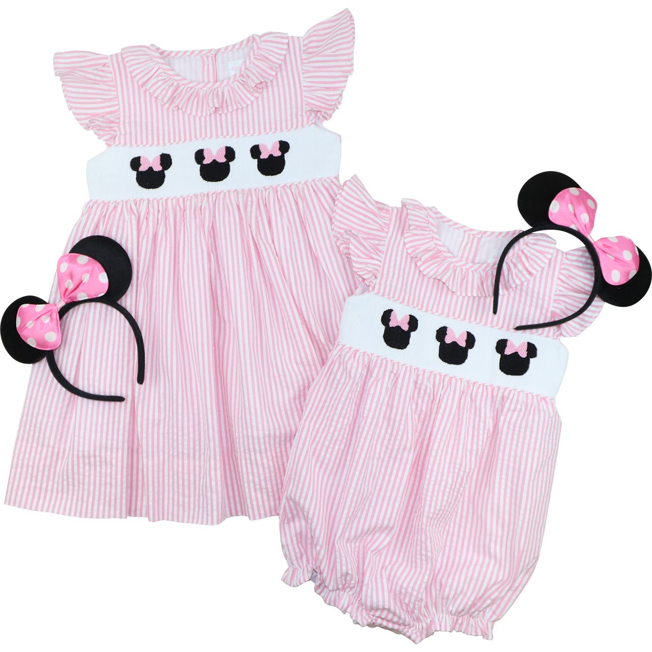 Pink Seersucker Smocked Mouse Ears Bubble