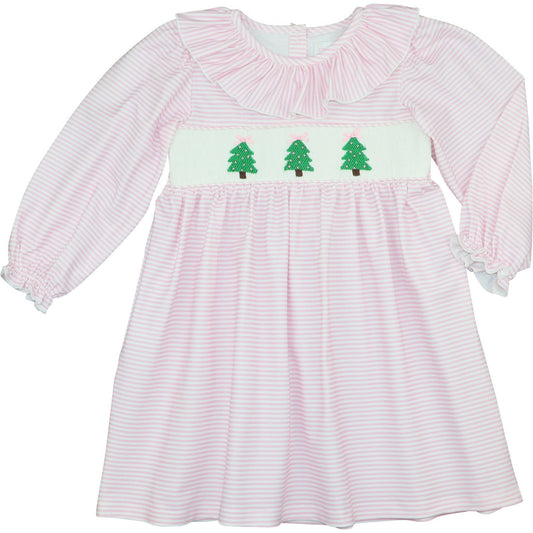 Pink Stripe Knit Smocked Christmas Tree Dress