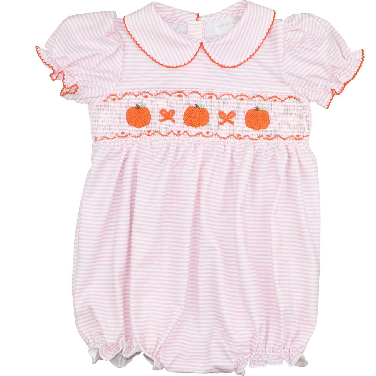 Pink Stripe Knit Smocked Pumpkin and Bow Bubble