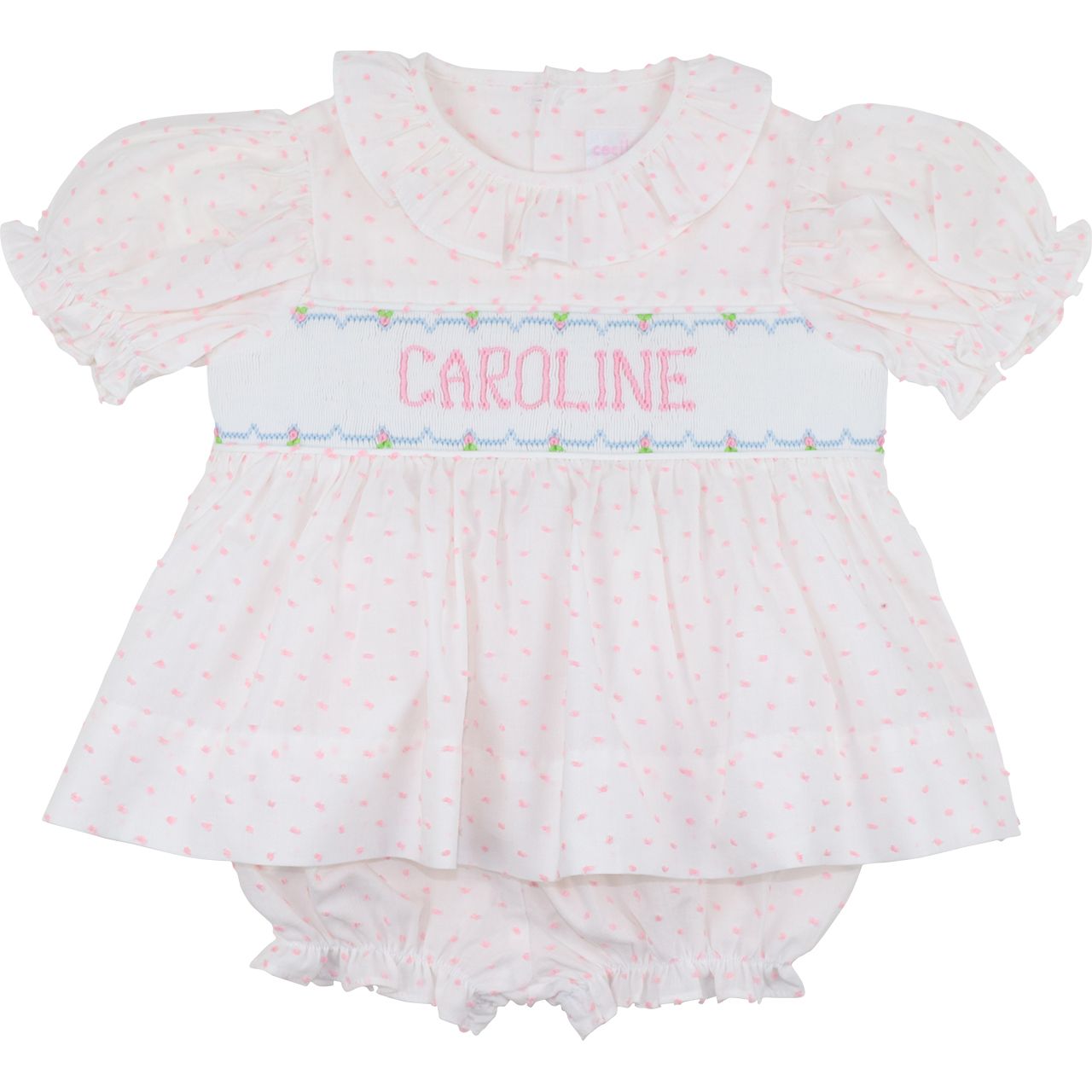 Pink Swiss Dot Custom Smocked Diaper Set