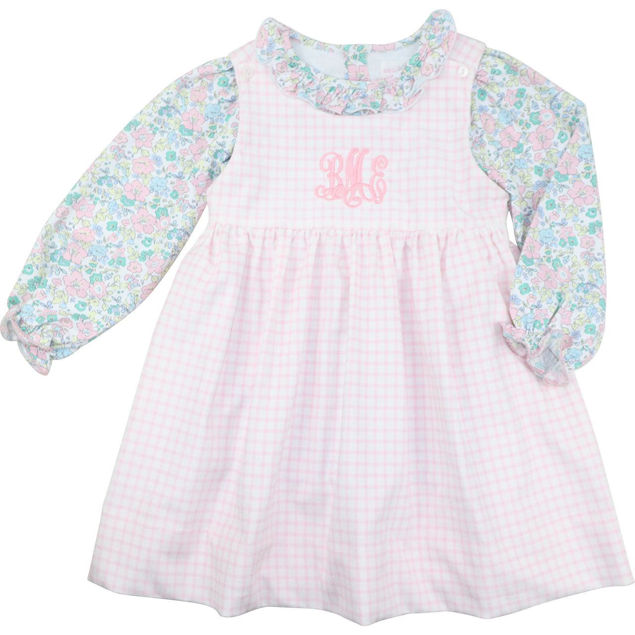 Pink Windowpane Corduroy And Floral Dress Set