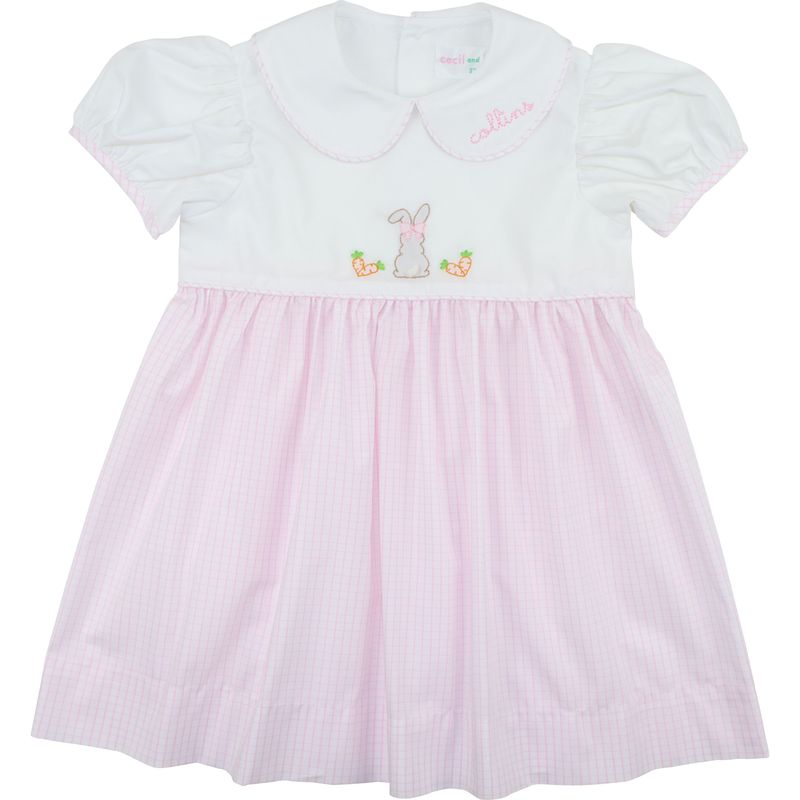 Pink Windowpane Shadow Embroidered Bunny Dress