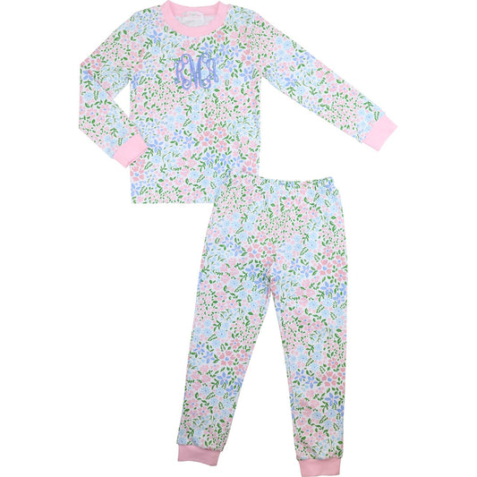 Pink and Blue Floral Print Knit Pajamas