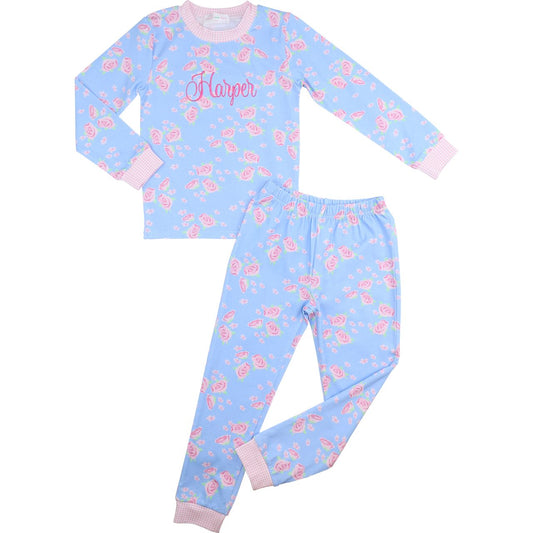 Pink and Blue Rose Print Knit Pajamas