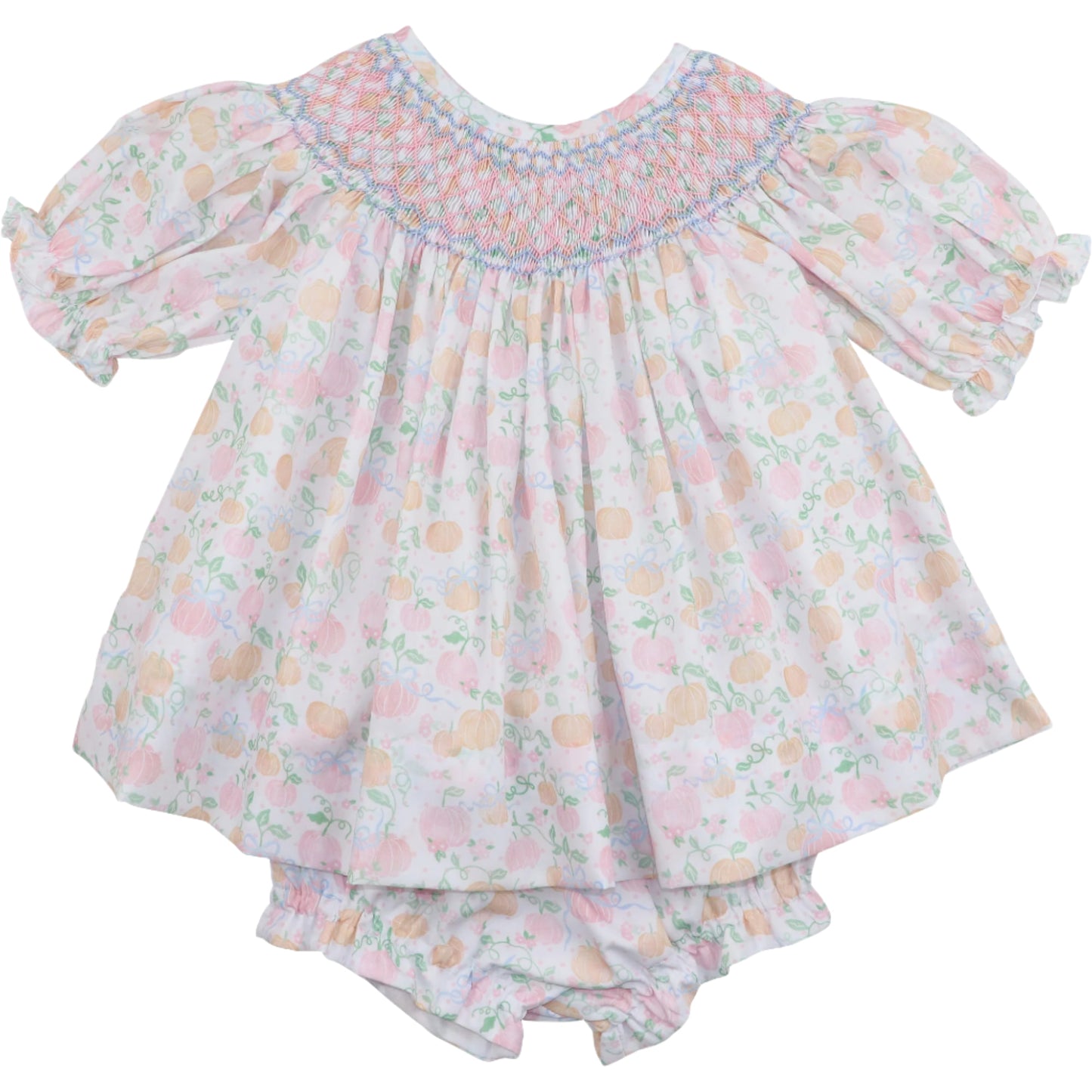 Pink and Blue Smocked Pumpkin Print Diaper Set