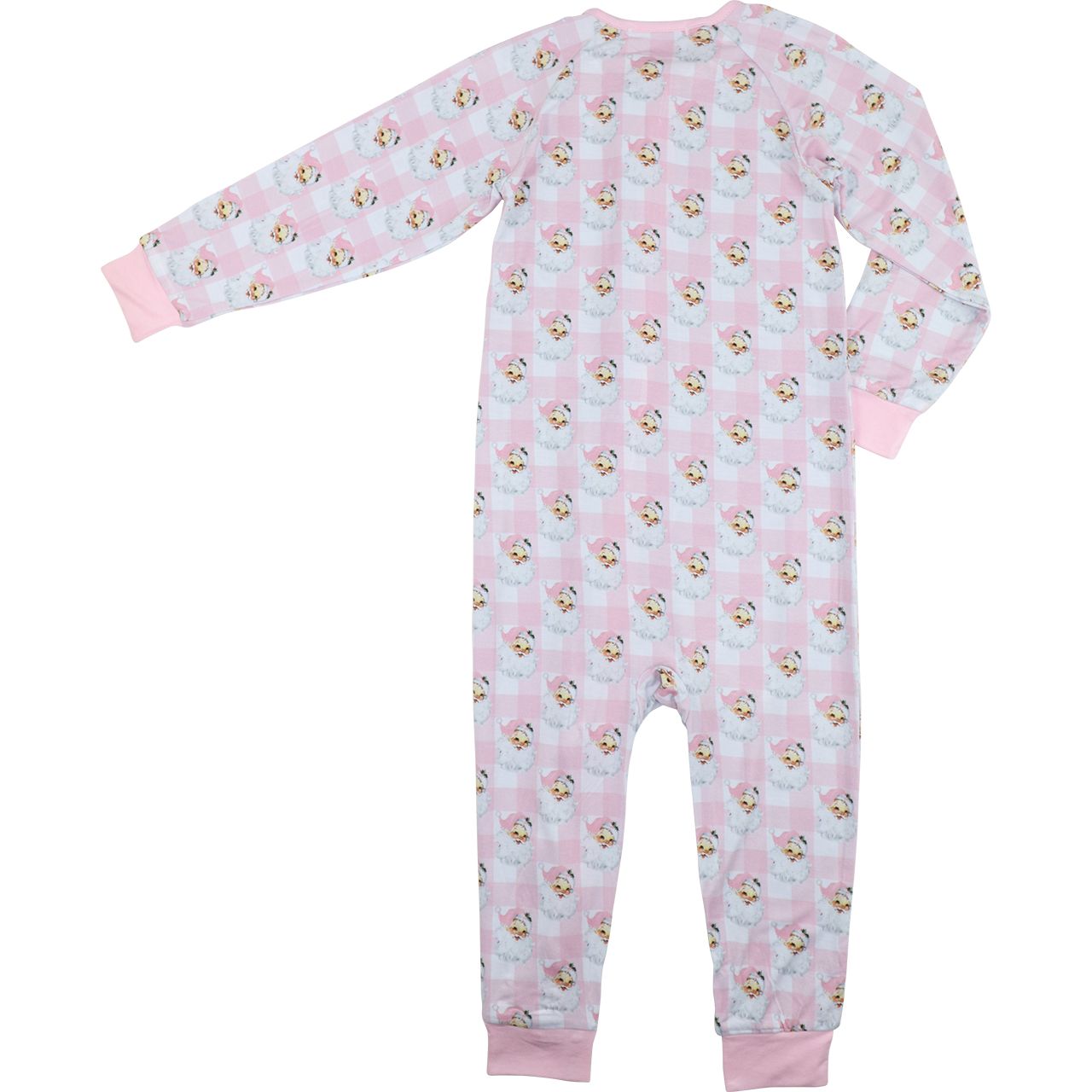 Pink and white onesie with floral pattern on a white background