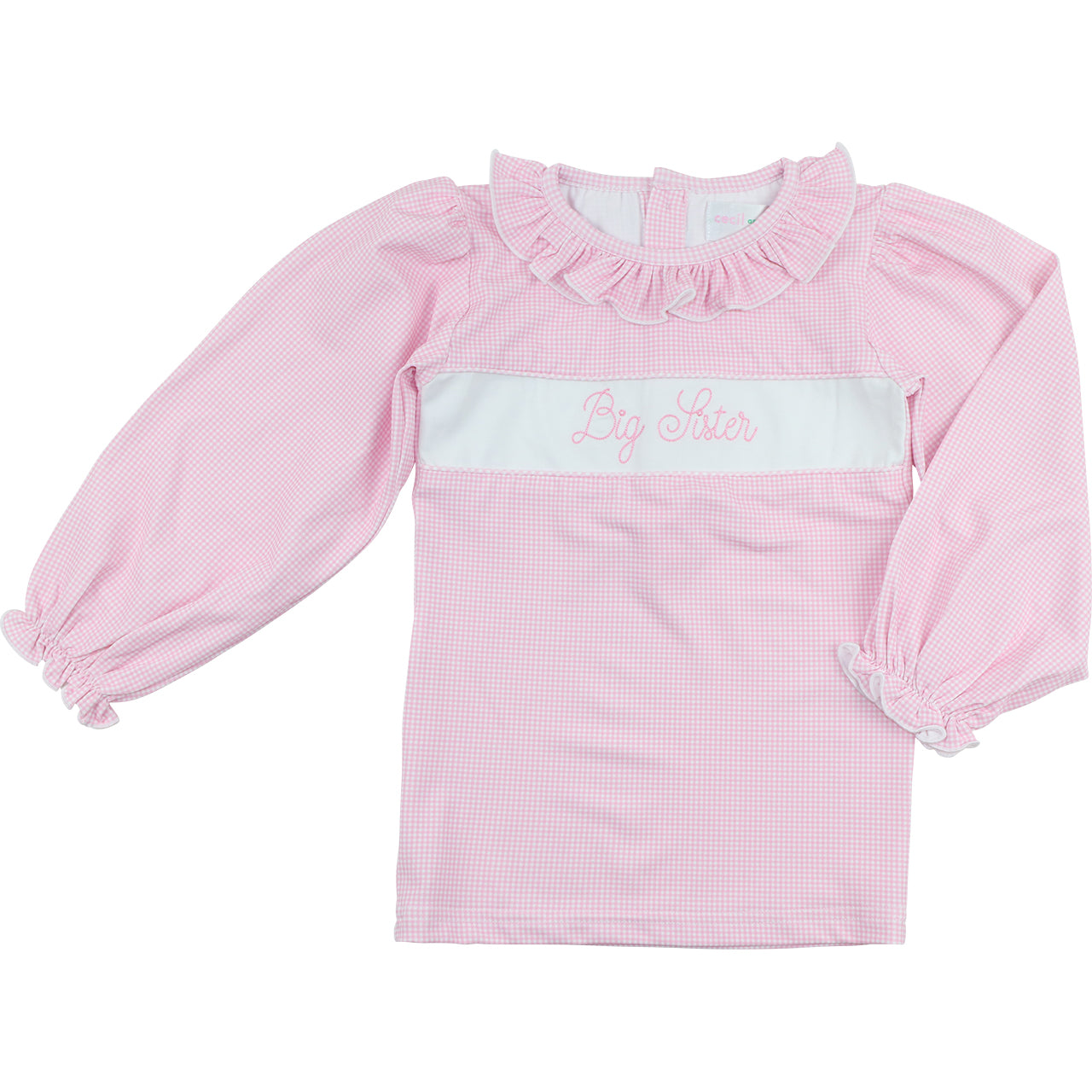 Pink checkered blouse with 'Big Sister' text on a white background