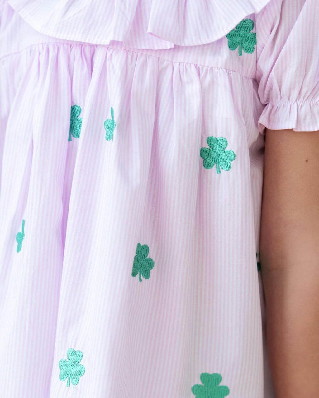 Pink Stripe Embroidered Shamrock Dress Smocked Threads