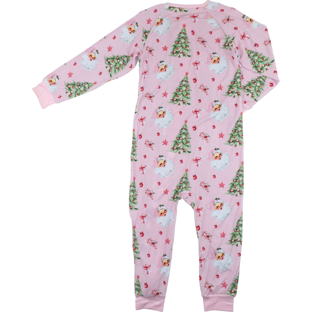 Pink onesie with Christmas tree and snowman pattern on a white background