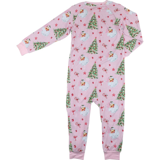 Pink onesie with Christmas tree and snowman pattern on a white background