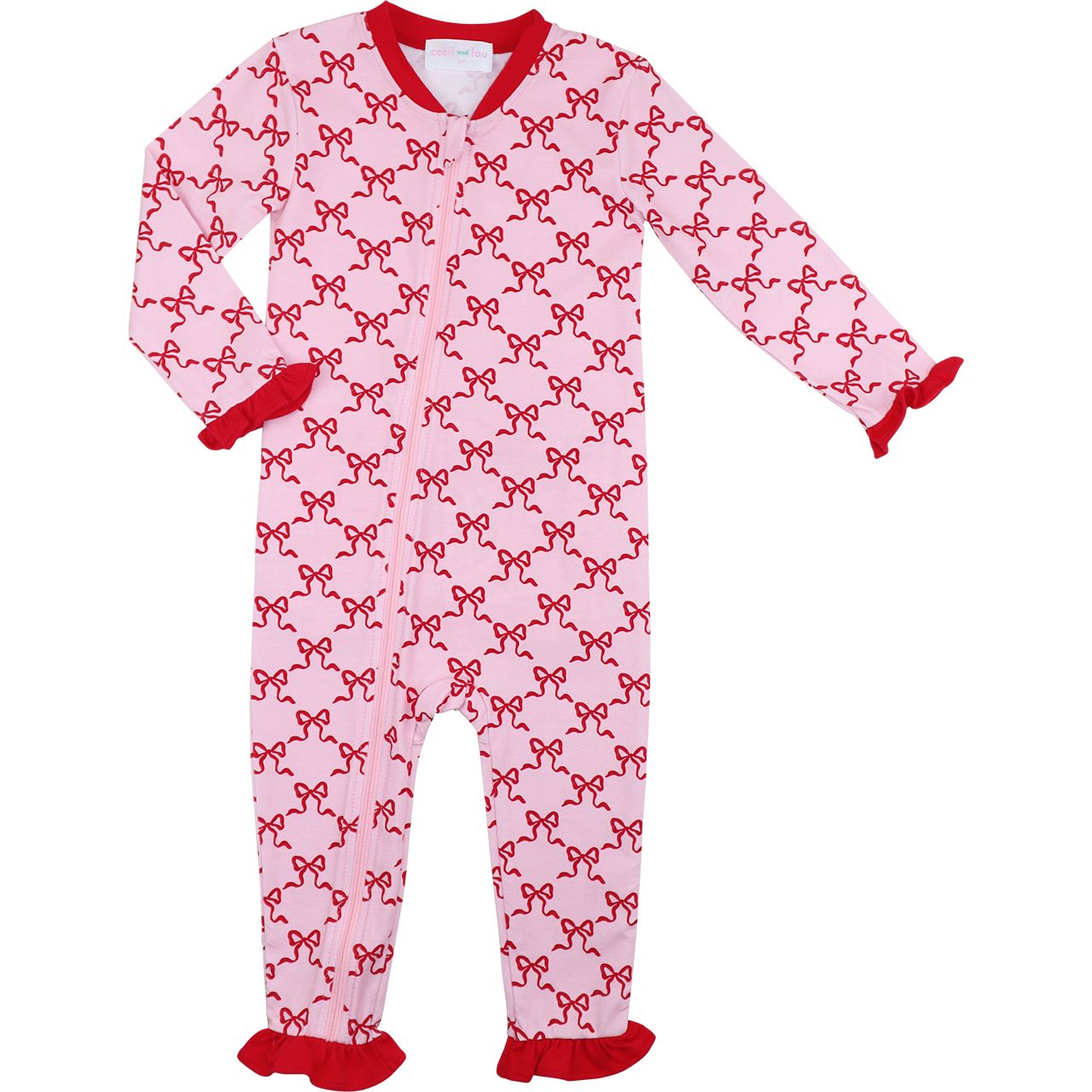 Pink onesie with red bows on a white background