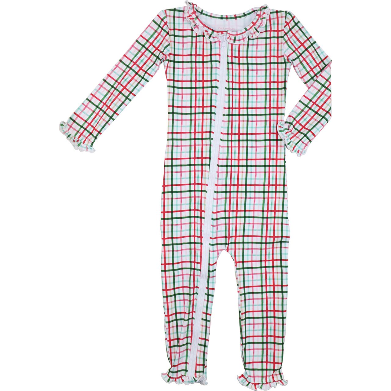 Plaid onesie with red, green, and white pattern on a white background