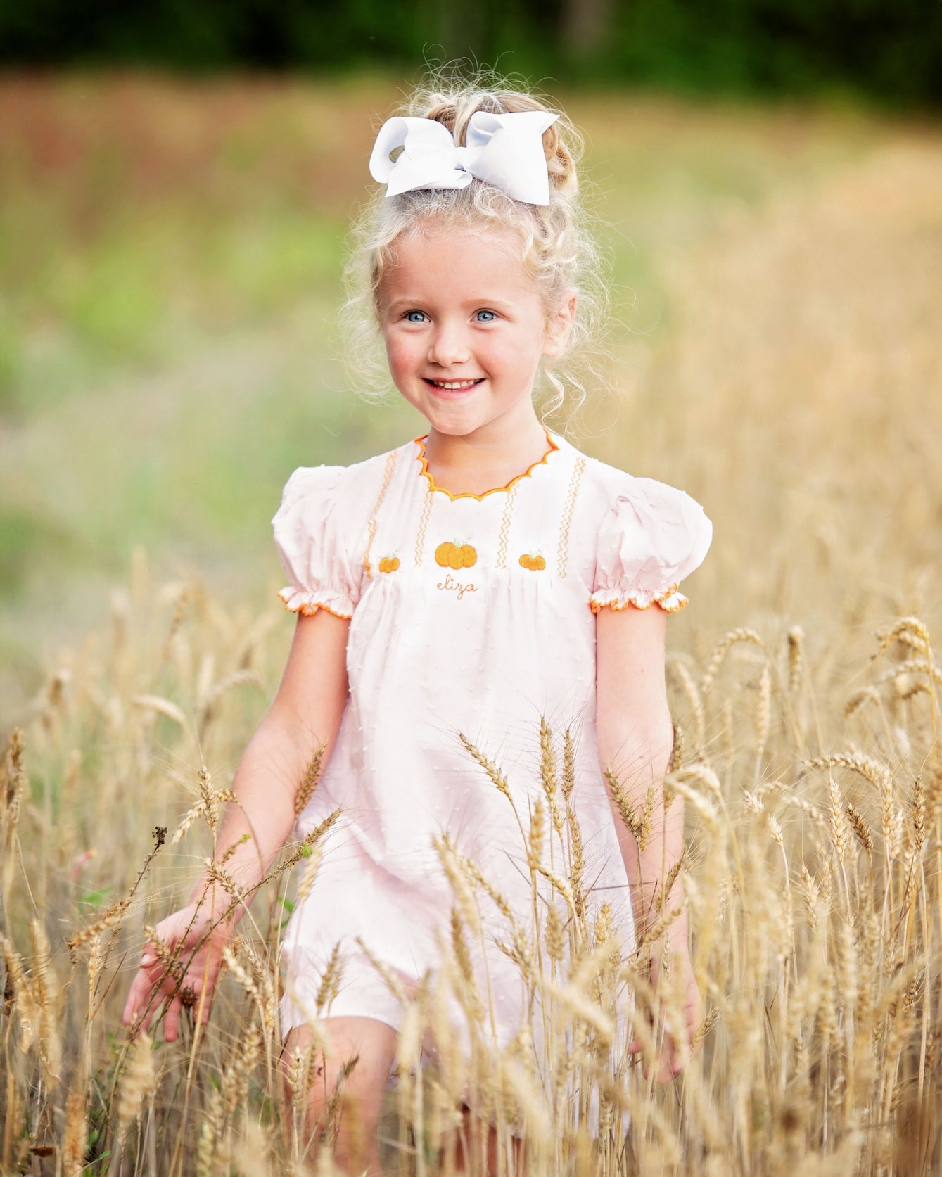 Pumpkin Dress on Little Girl in Field