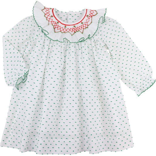 Green And Red Smocked Swiss Dot Dress