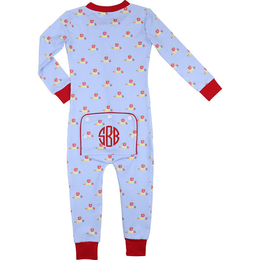 Blue Pencil And Apple Knit Zipper Pajamas