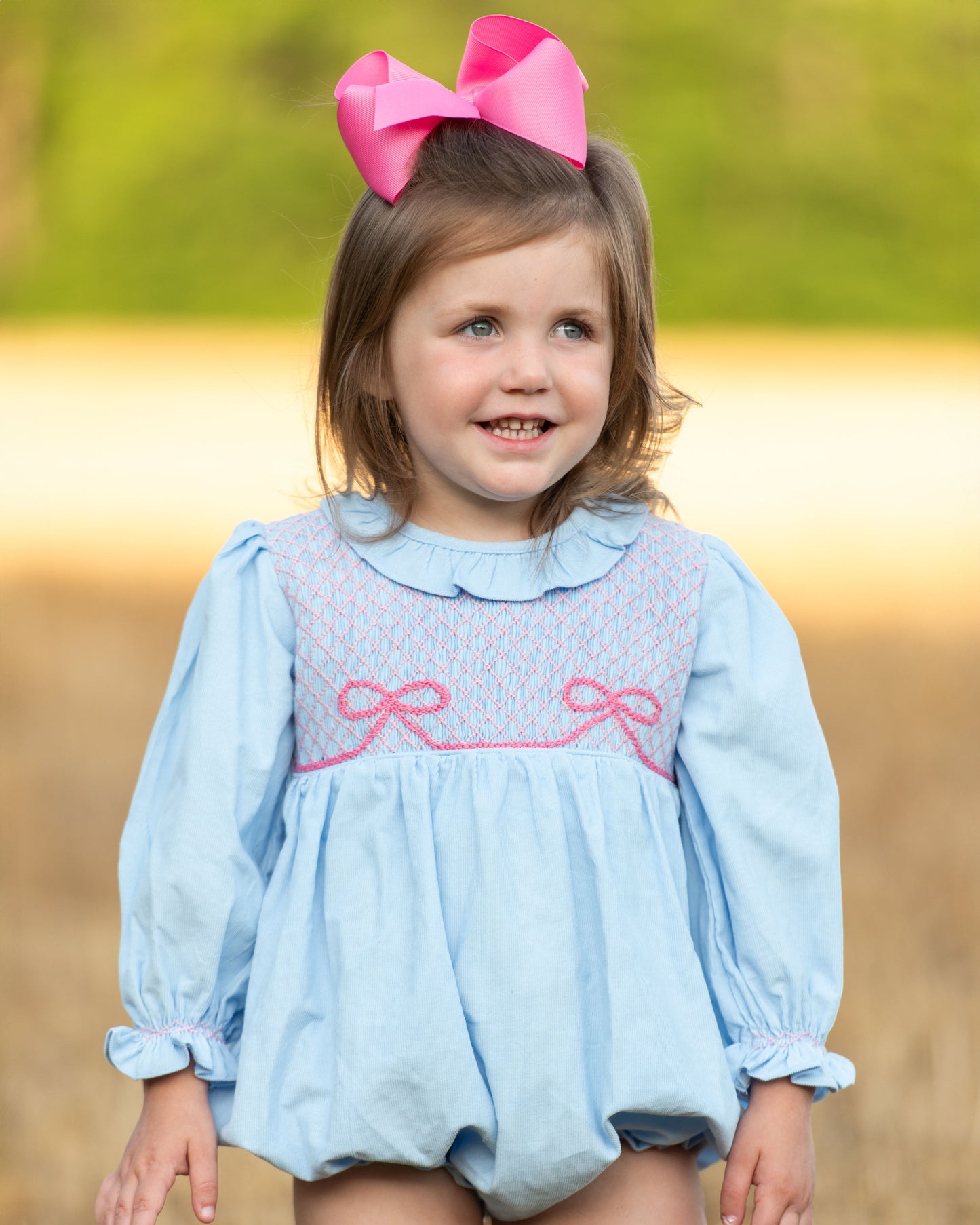 Blue Corduroy Smocked Bow Bubble