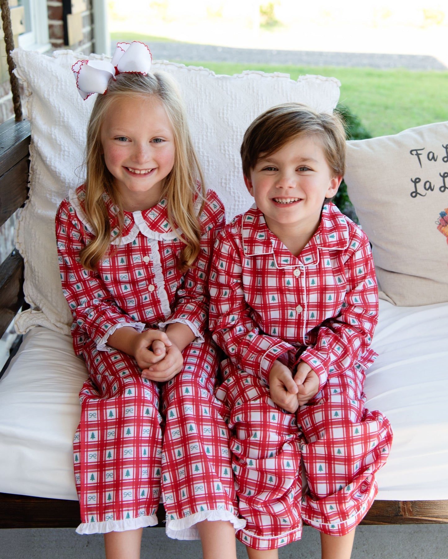 Red Check Christmas Tree Ruffle Pajamas