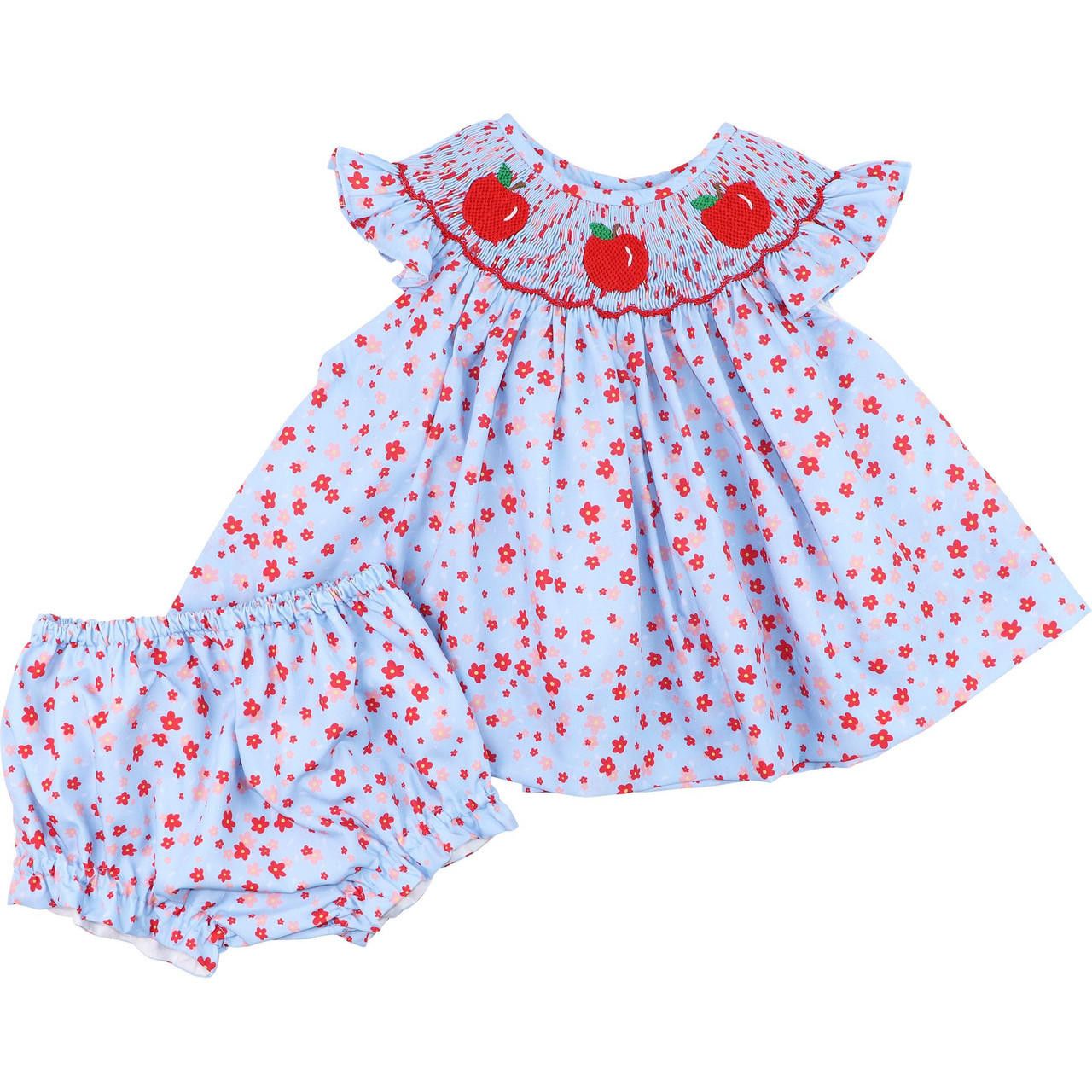 Red And Blue Floral Smocked Apple Diaper Set