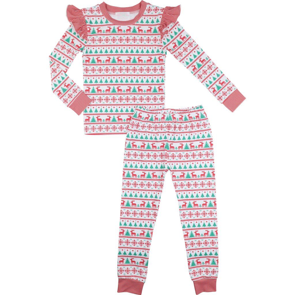 Red And Green Christmas Print Ruffle Knit Pajamas