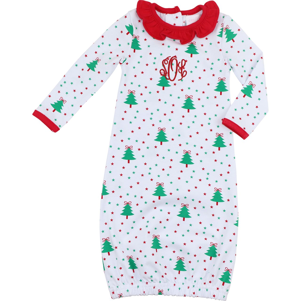 Red And Green Knit Holiday Print Ruffle Baby Gown