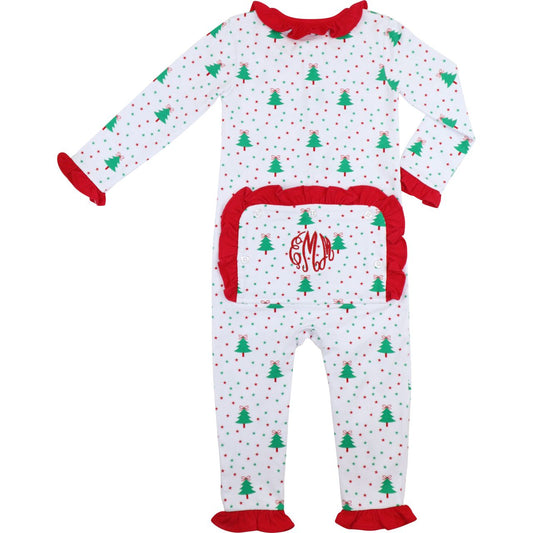 Red And Green Knit Holiday Print Ruffle Zipper Pajamas