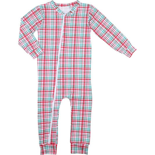Red And Green Plaid Knit Zipper Pajamas