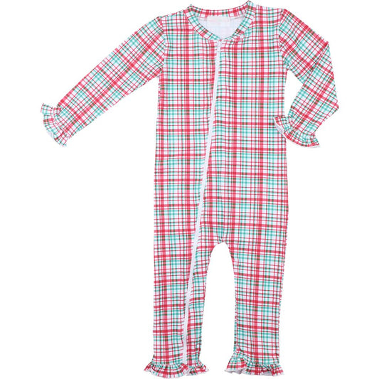 Red And Green Plaid Knit Zipper Ruffle Pajamas