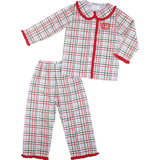 Red And Green Plaid Windowpane Ruffle Pajamas