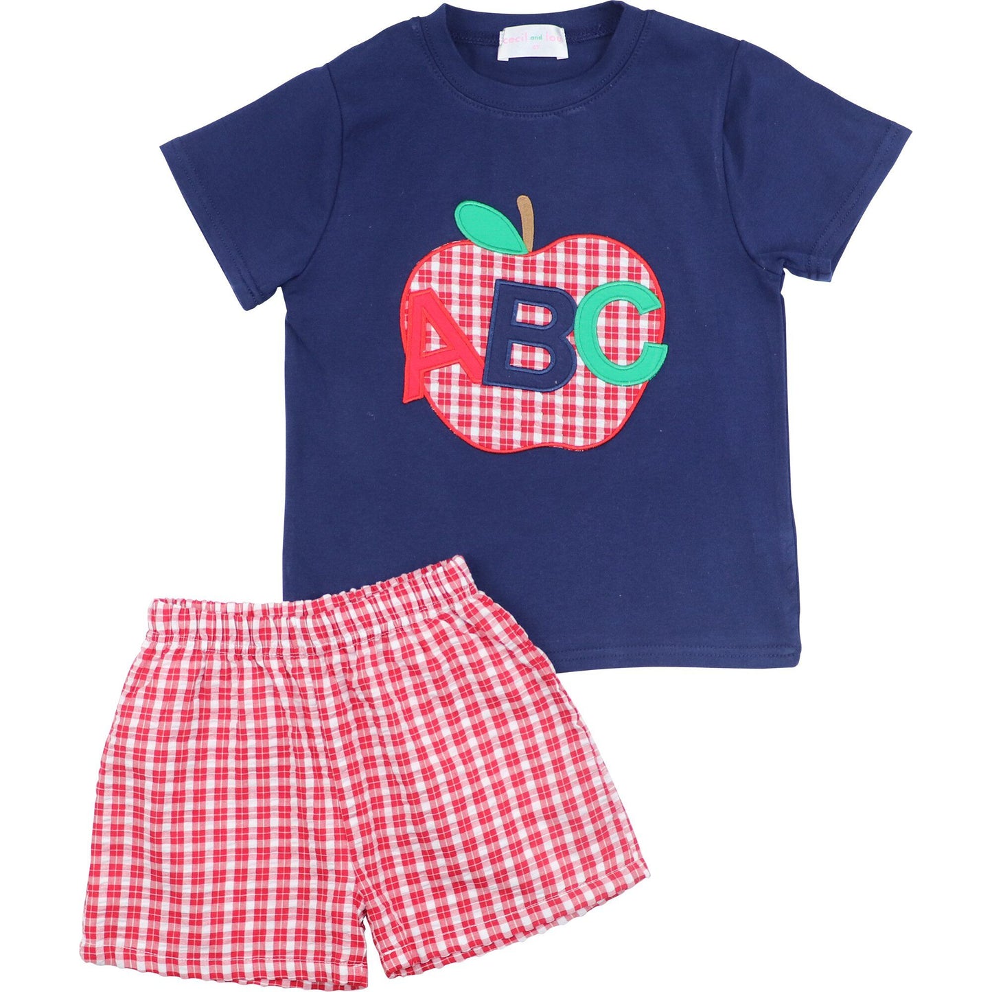 Red And Navy Seersucker Applique Apple ABC Short Set