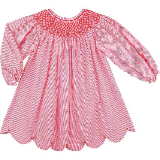 Red Gingham Smocked Scalloped Dress