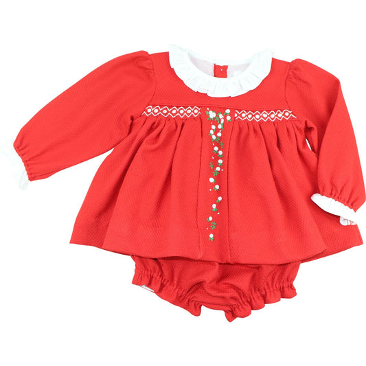 Red Honeycomb Smocked Rosebud Diaper Set