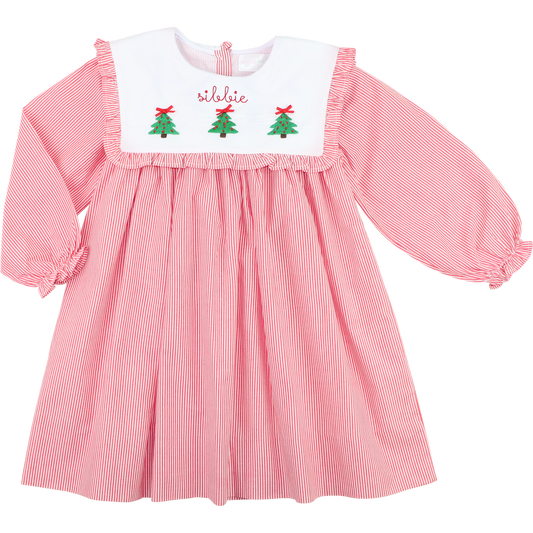 Red Mini Stripe Embroidered Christmas Tree Dress